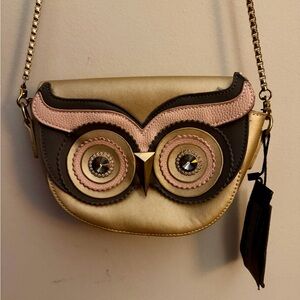 QZUNIQUE Owl Crossbody Bag - Gold and Pink with Rhinestone Eyes